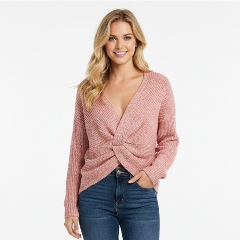 Full Circle‎ Trends Pink Silver Sparkle Knot Front V-Neck Knit Sweater Small